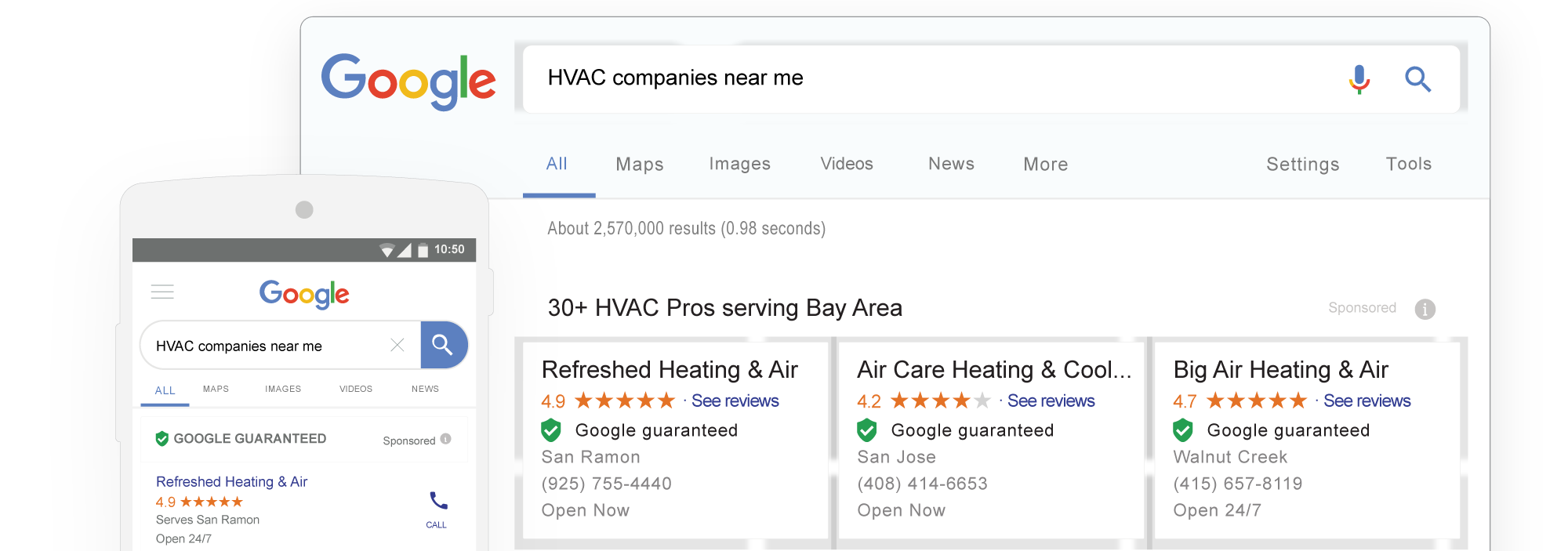 Local Service Ads search results mobile and desktop